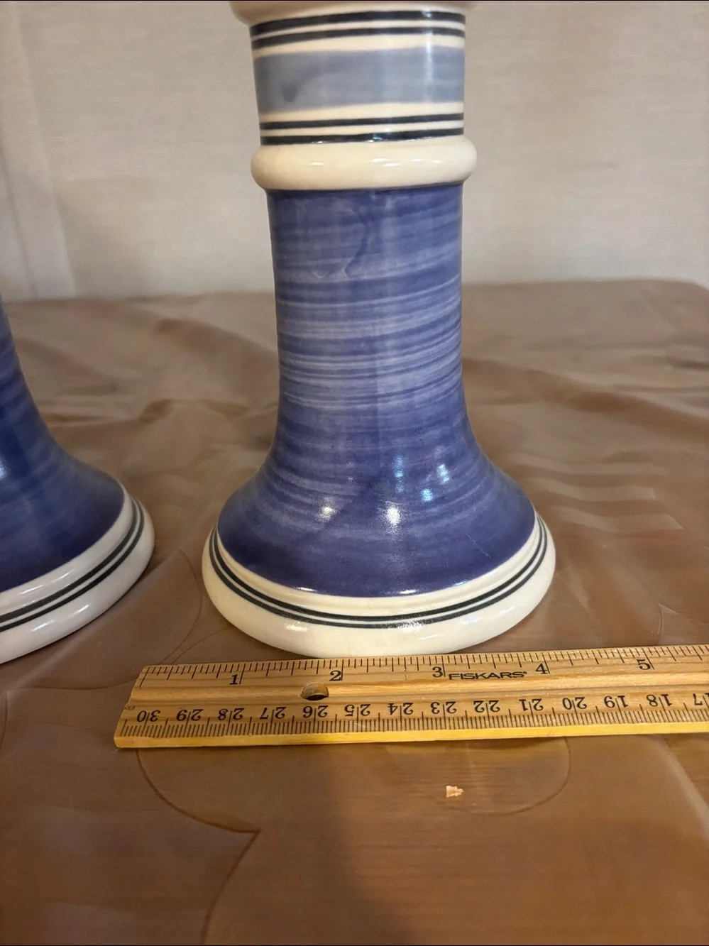set of two vintage Pfaltzgraff Rio candle holders with a blue and white strips